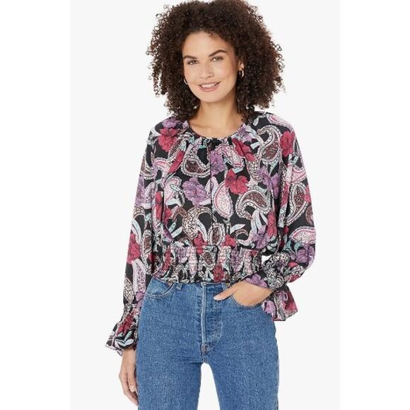 BCBGMAXAZRIA Long Sleeve Top Smocked Cuff Waist Black Purple Paisley Medium - Picture 1 of 8